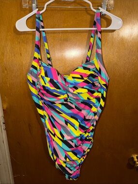 Neon Geo Stripe One-Piece Swimsuit - Pink, Yellow, Blue, Black